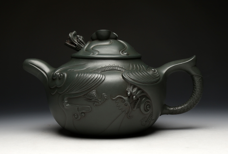民國(guó)朱可心綠魚化龍宜興紫砂壺